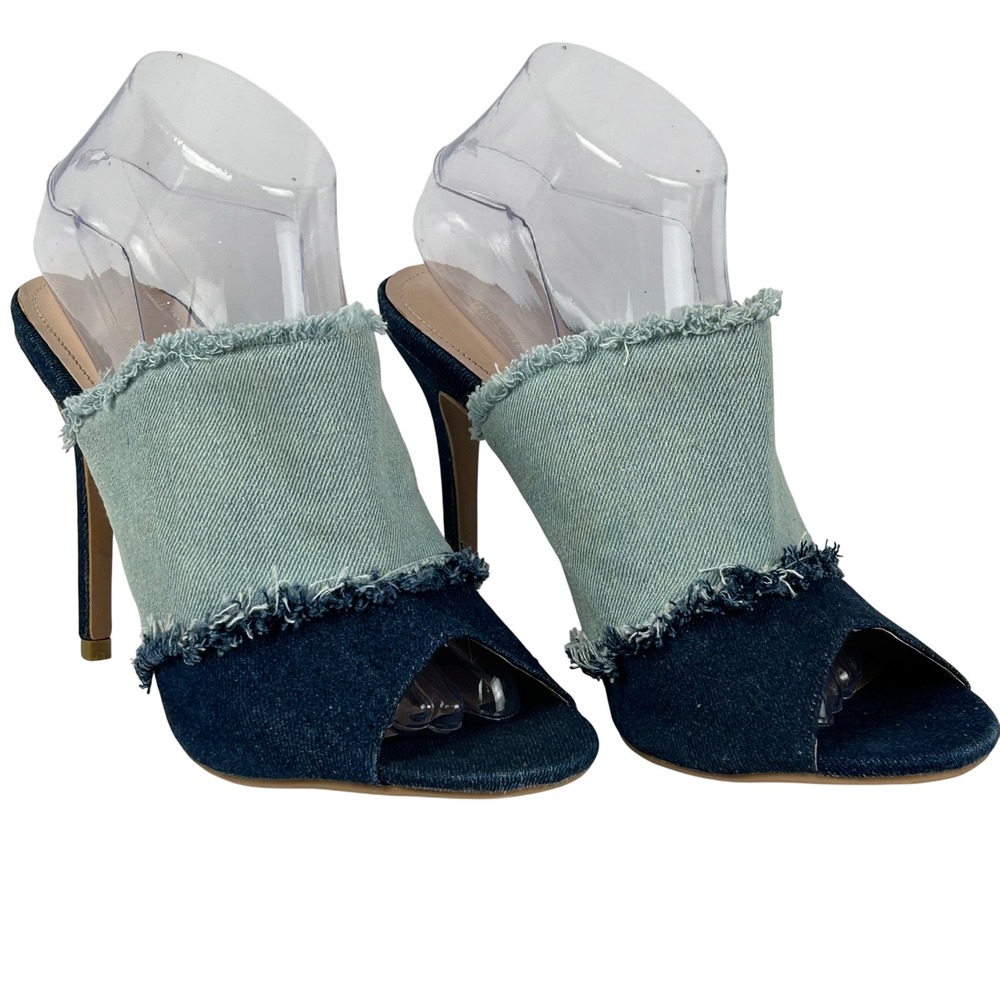 Shoe Republic LA Womens Denim Peep Toe Mule Heels Two Tone Frayed Blue Size 9